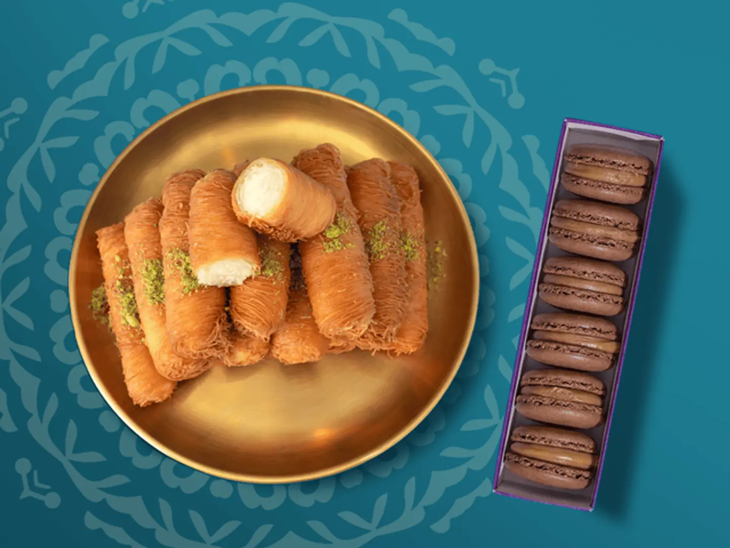 علبة كنافة وماكارون شوكولاتة