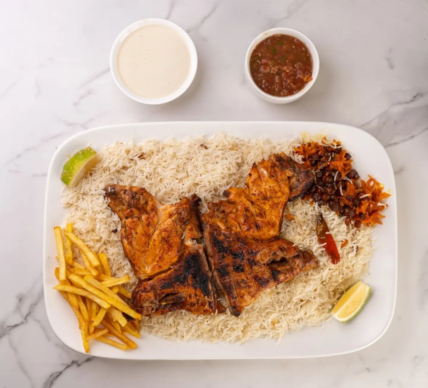 حبة دجاج على الفحم مع رز بشاوري