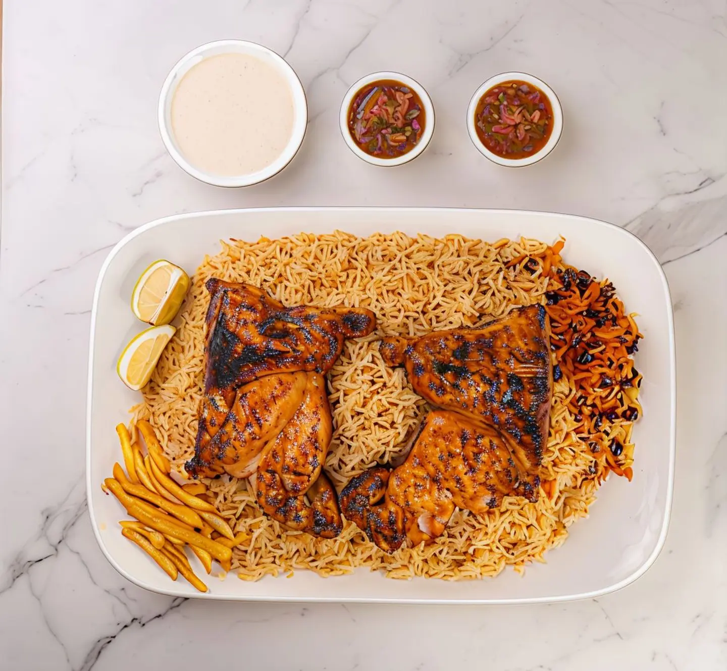 حبة دجاج على الفحم مع رز بخاري