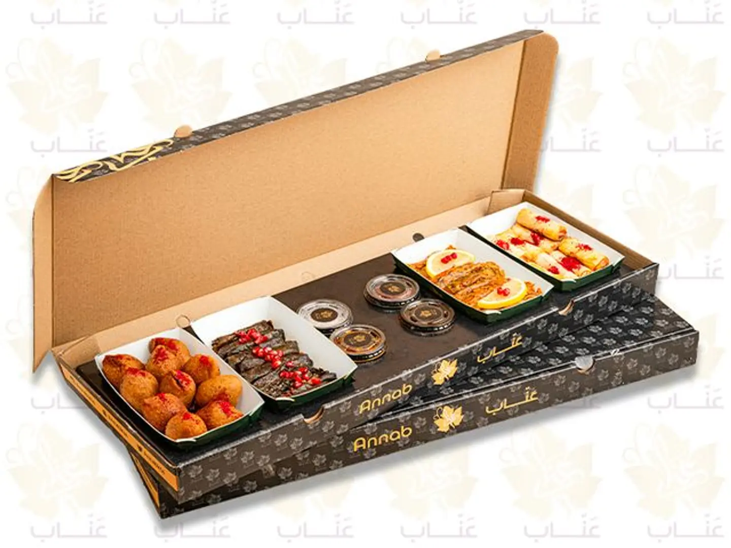 Anab Box(8 Pieces Of Kibbeh + 8 Pieces Of Musakhan + 10 Cabbage Rolls + 10 Grape Leaves)