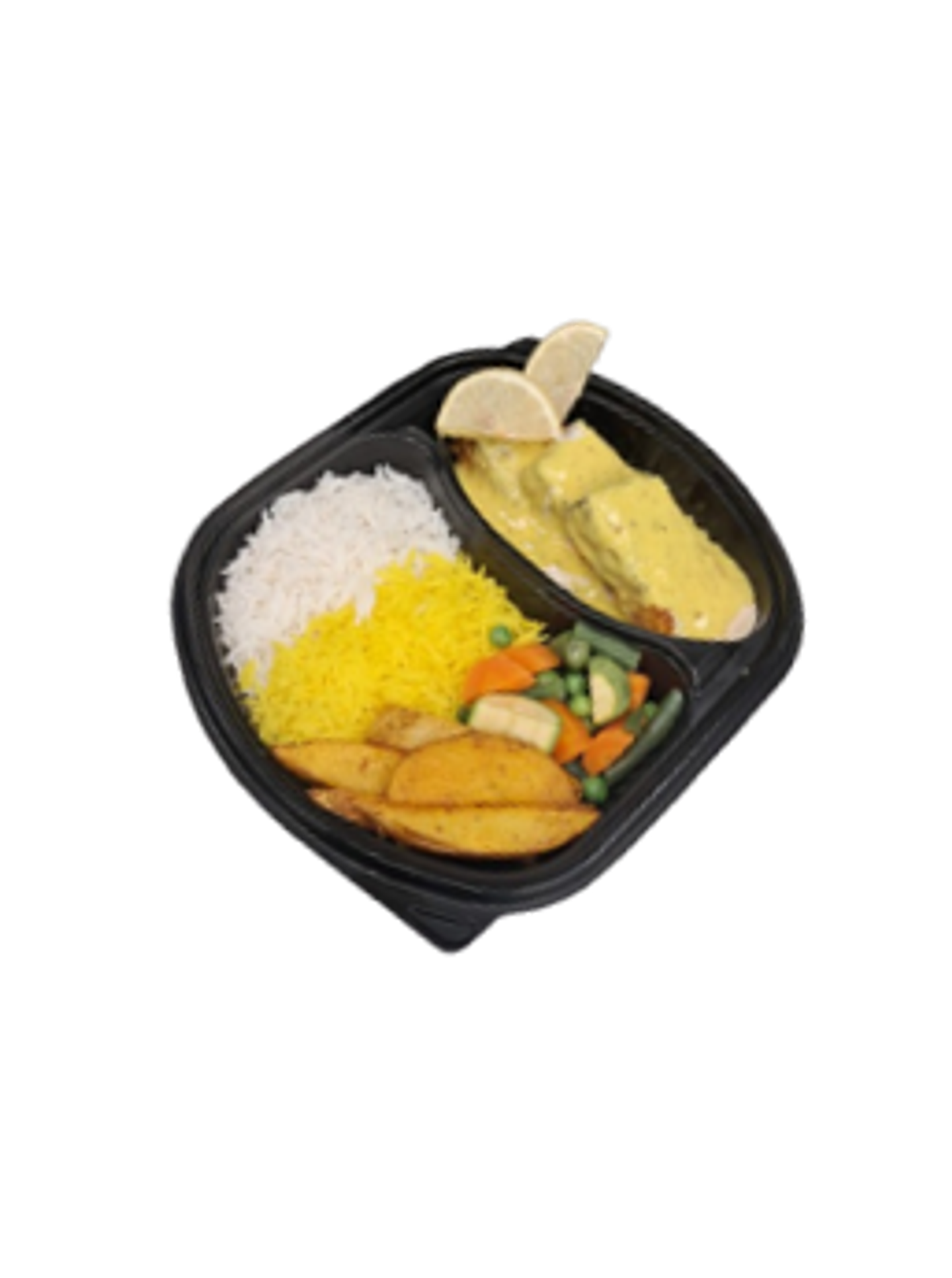 Salmon With Lemon Rice Potatoes Wedges And Vegetables