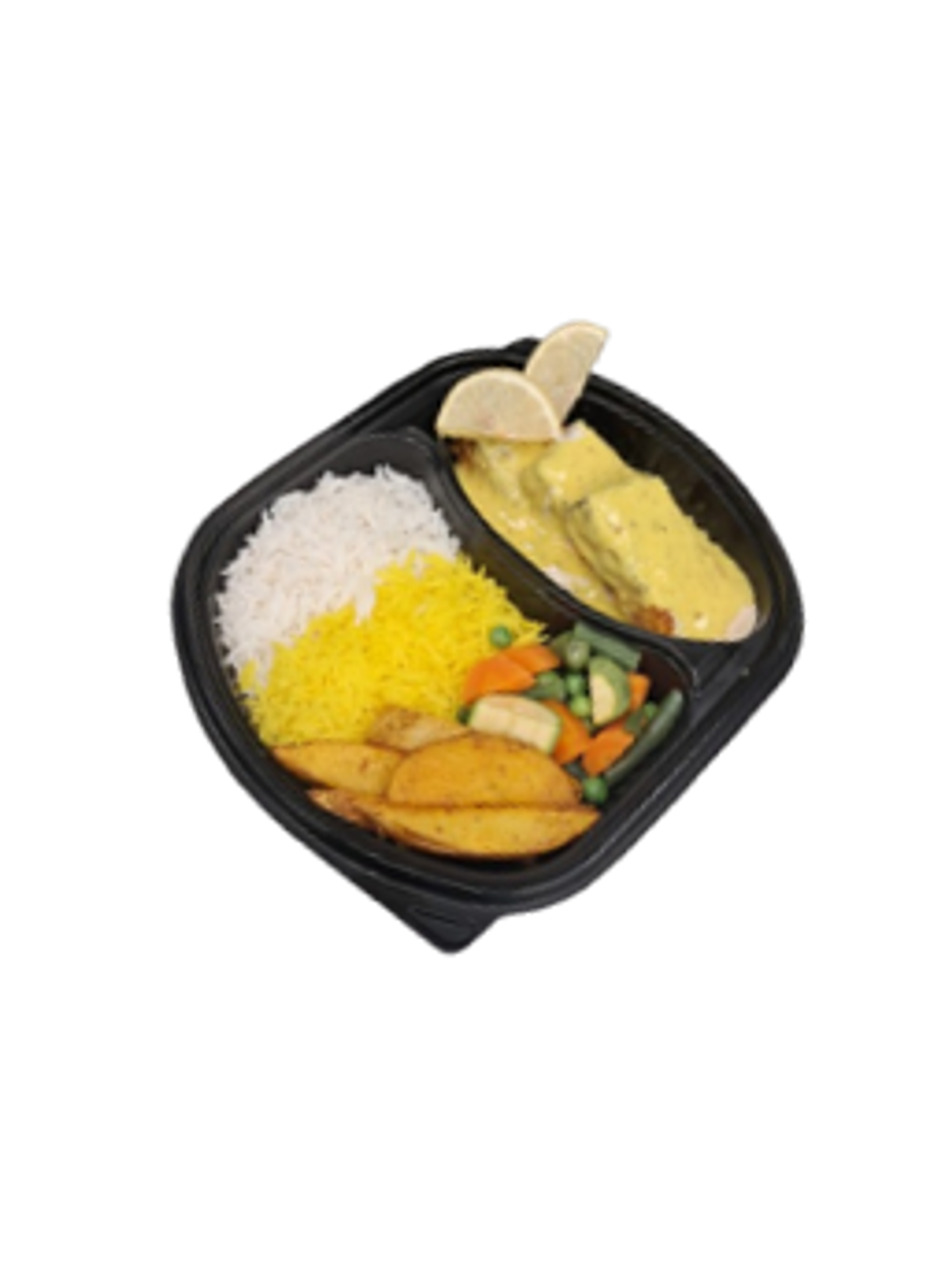 Salmon With Lemon Rice Potatoes Wedges And Vegetables