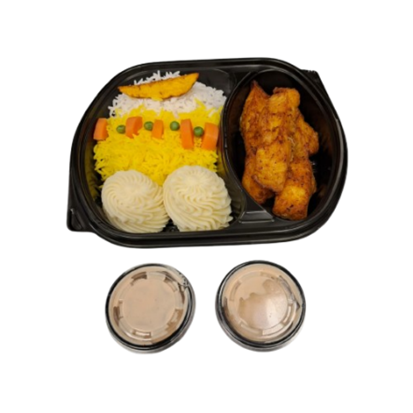 Fish With Tahini Mixed Rice Potatoes And Wedges