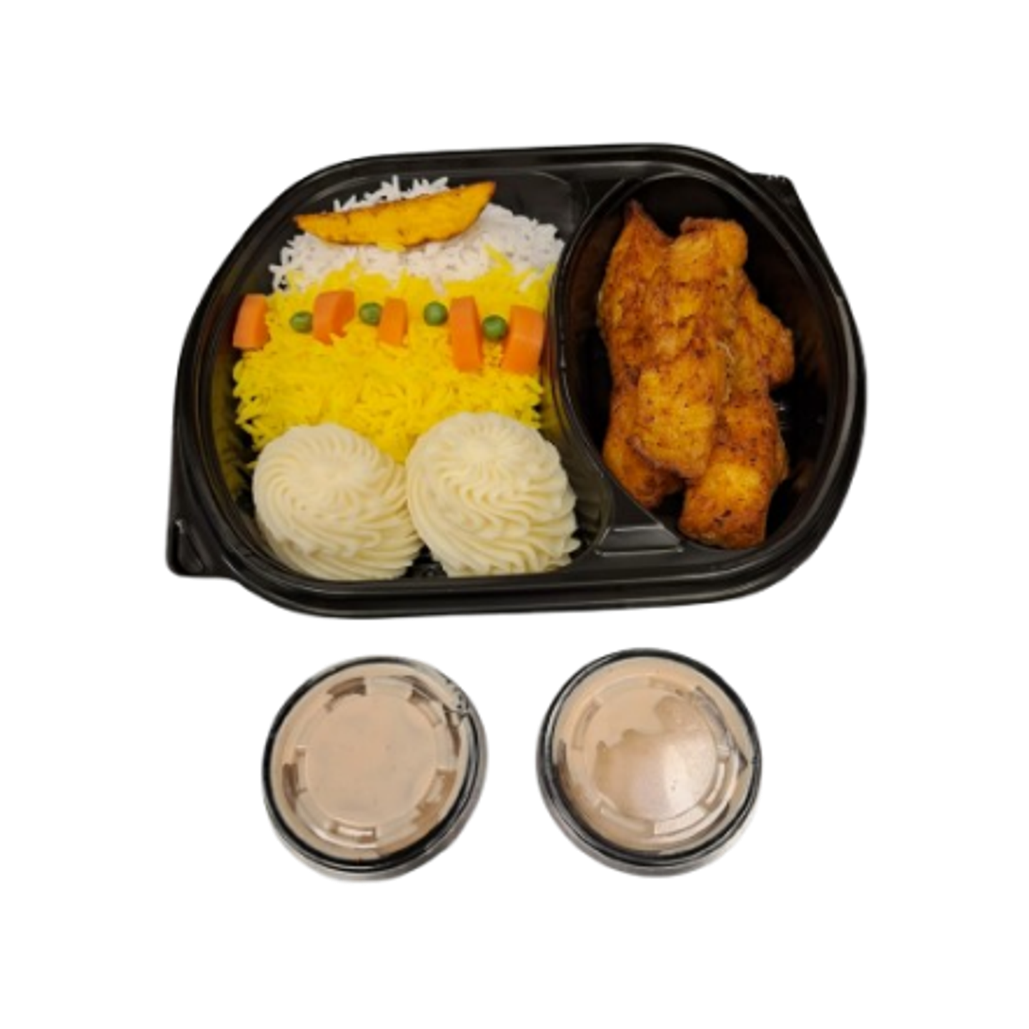 Fish With Tahini Mixed Rice Potatoes And Wedges