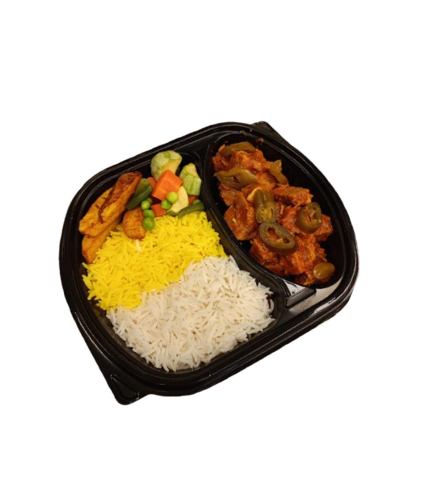 Jalapeno And Tomato Meat With Rice Potatoes And Vegetables