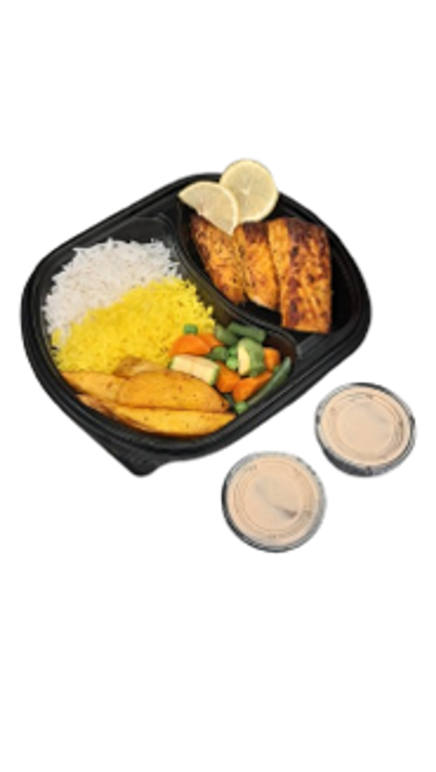 Salmon With Tahini Mixed Rice Potatoes And Wedges