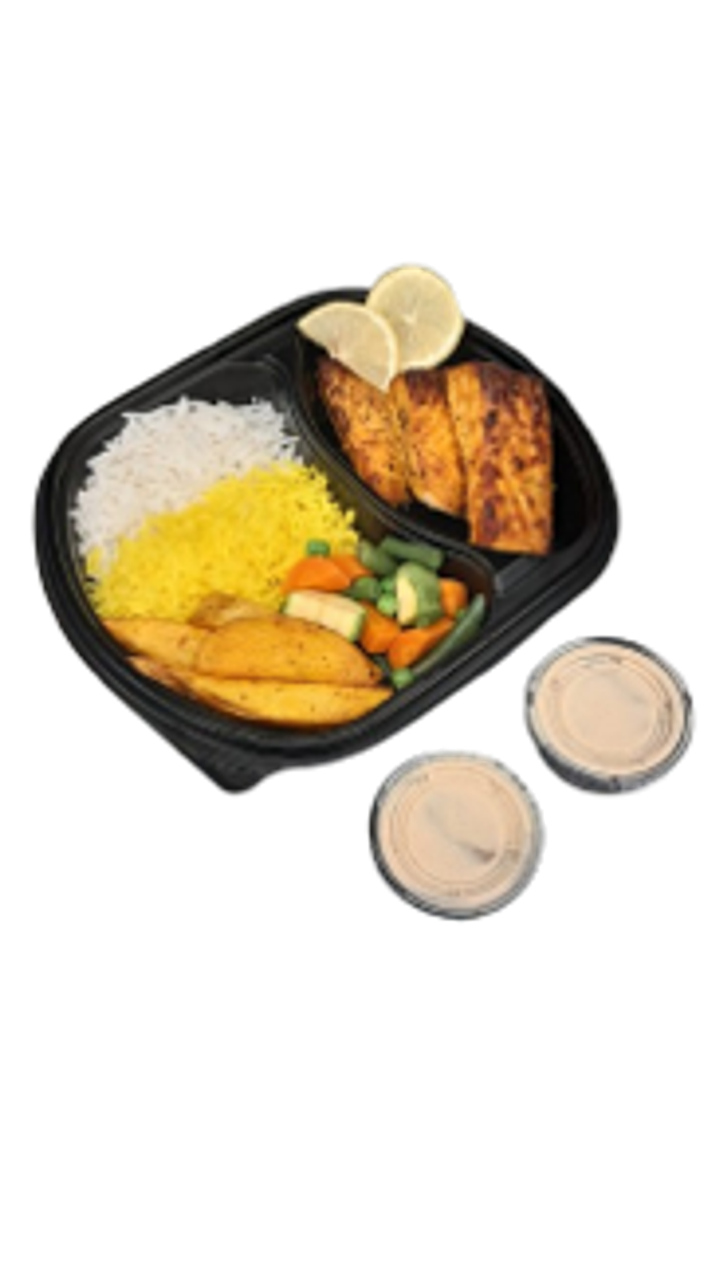 Salmon With Tahini Mixed Rice Potatoes And Wedges