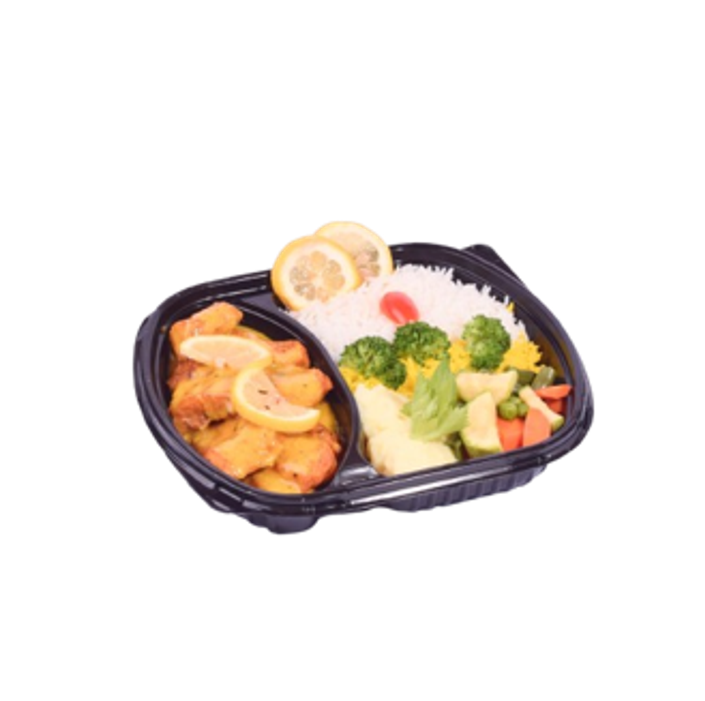 Fish With Lemon Rice Wedges And Vegetables