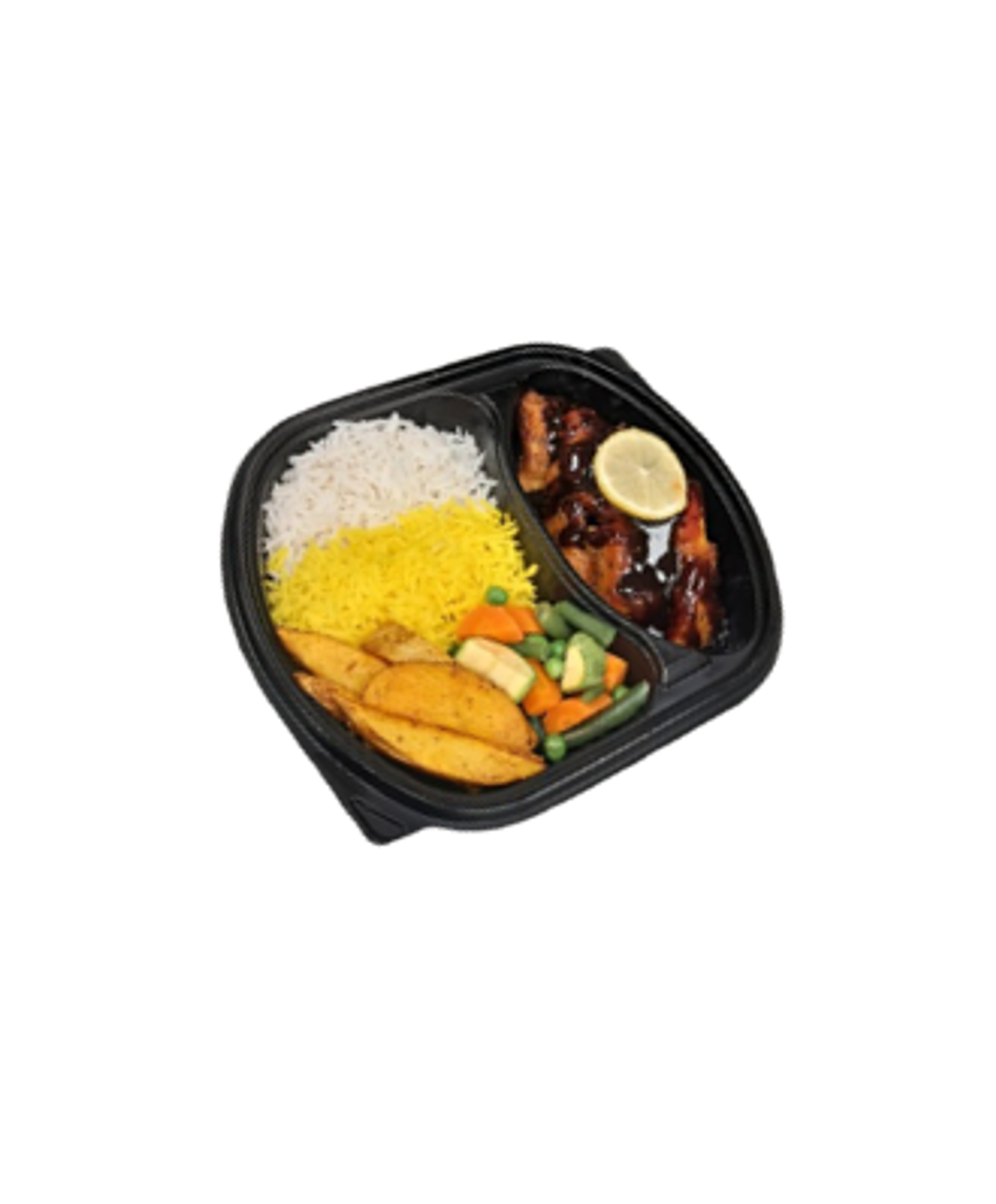 Teriyaki Fish With Mixed Rice Potatoes And Wedges