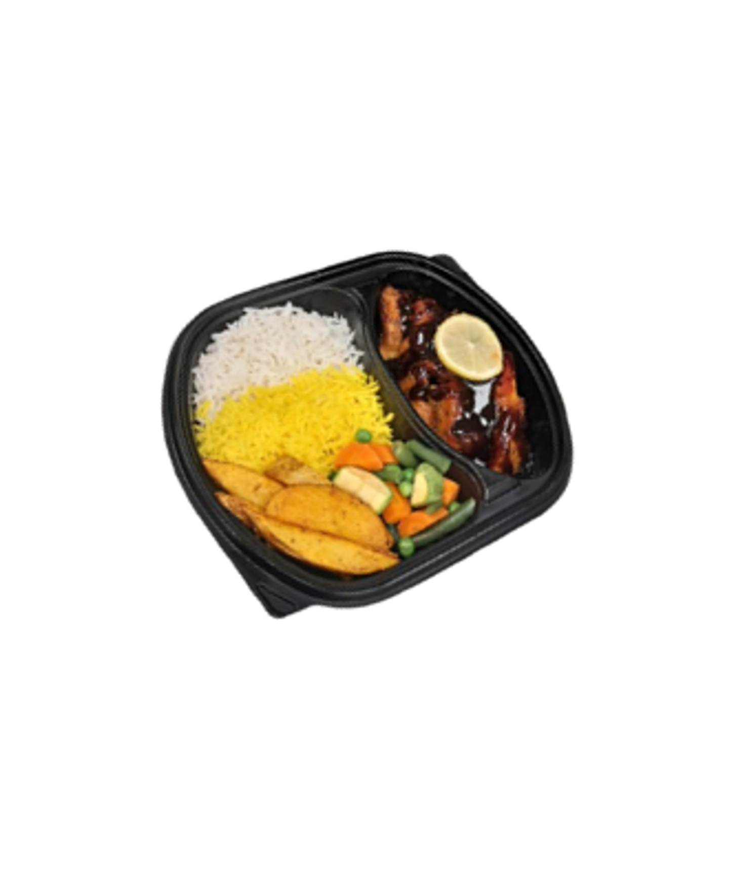 Teriyaki Fish With Mixed Rice Potatoes And Wedges