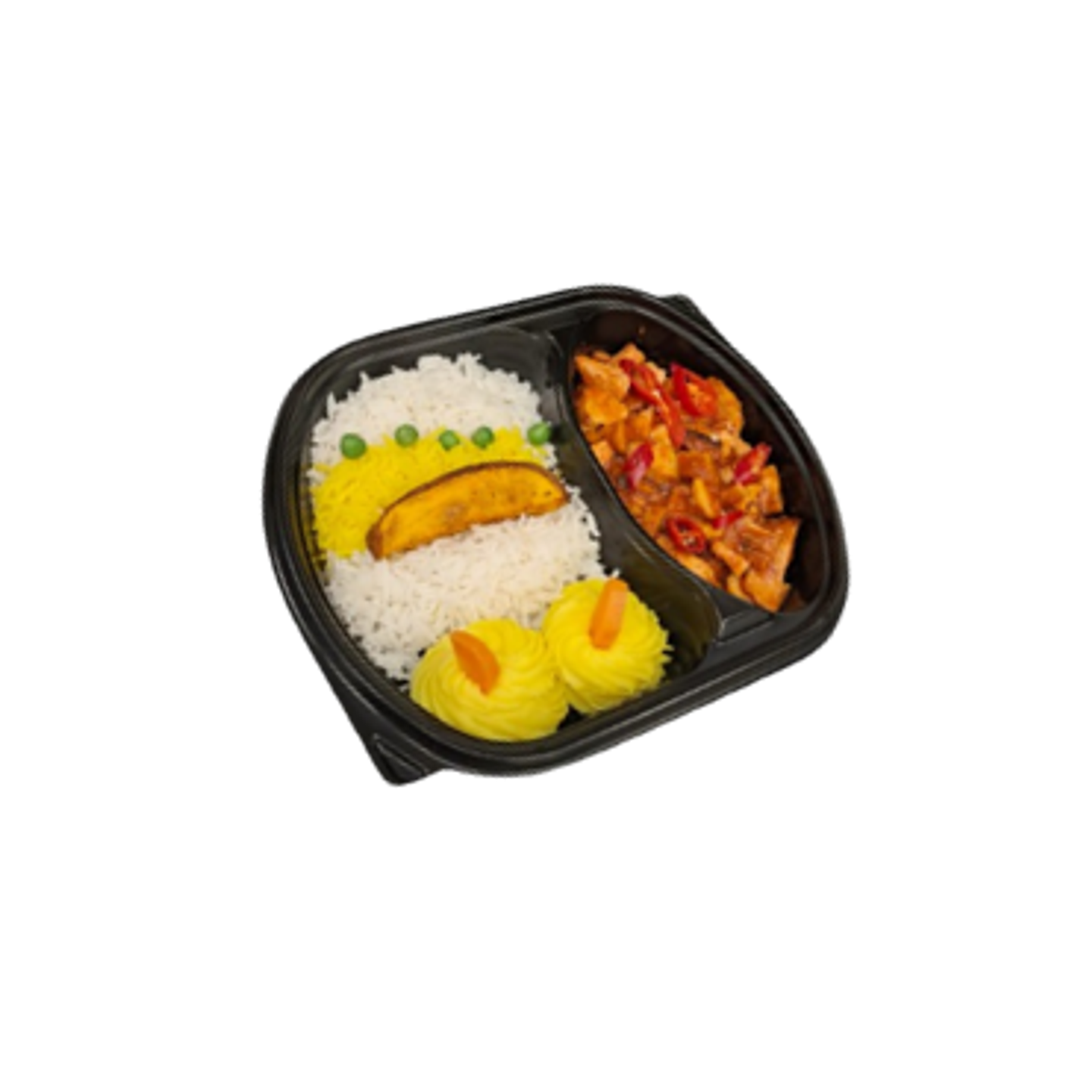 Spicy Buffalo Chicken With Rice Potatoes Wedges And Vegetables