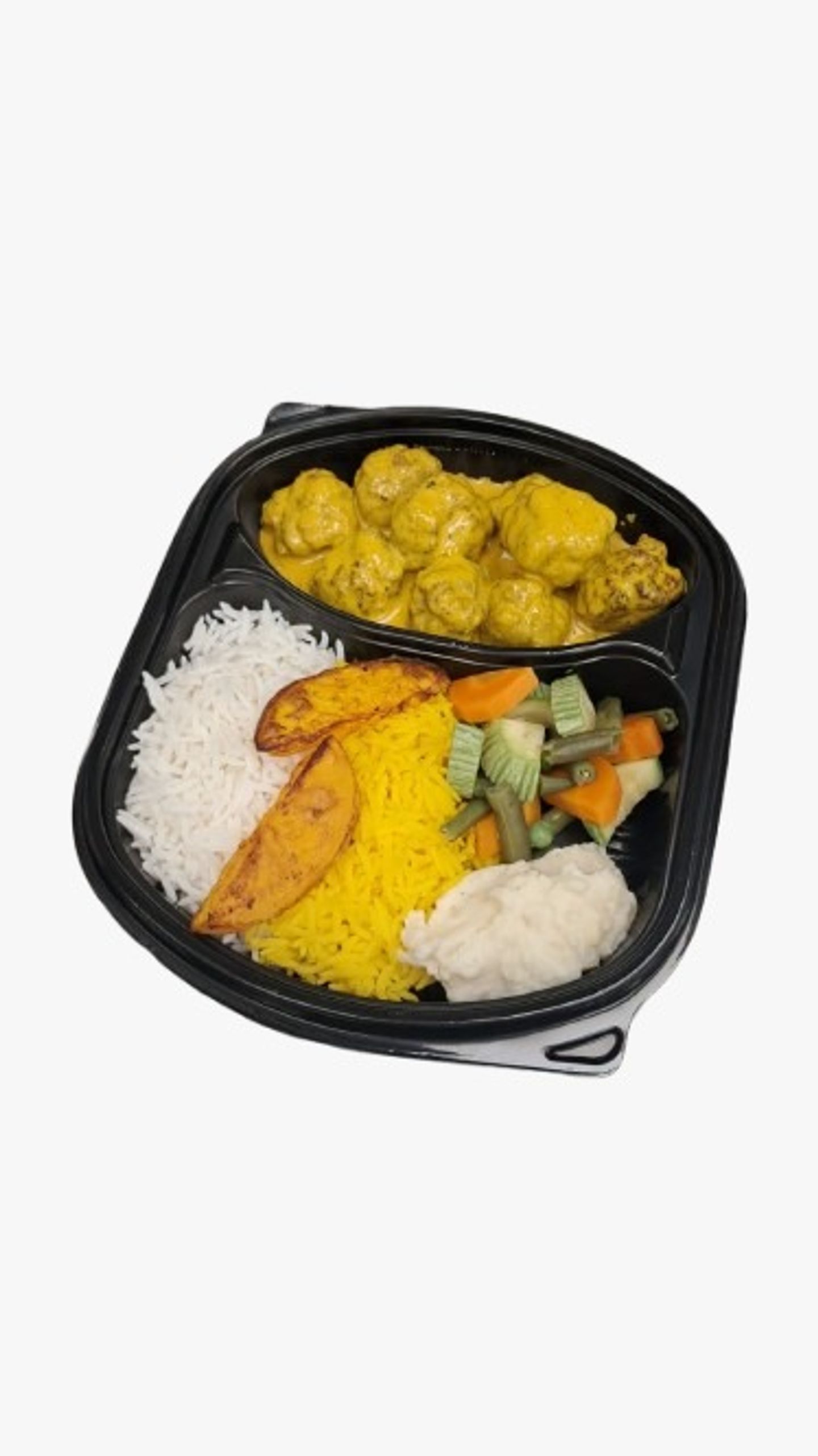 Meatballs With Cheese Rice Mashed Potatoes And Vegetables