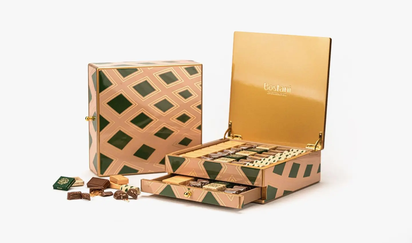 صندوق خشب طبقتين أخضر فاخر رمضان كريم