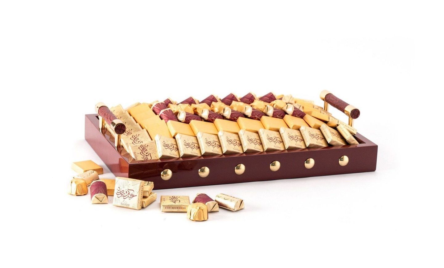 Dark Red Wood Tray With Eidkom Mubarak 1360 Gram