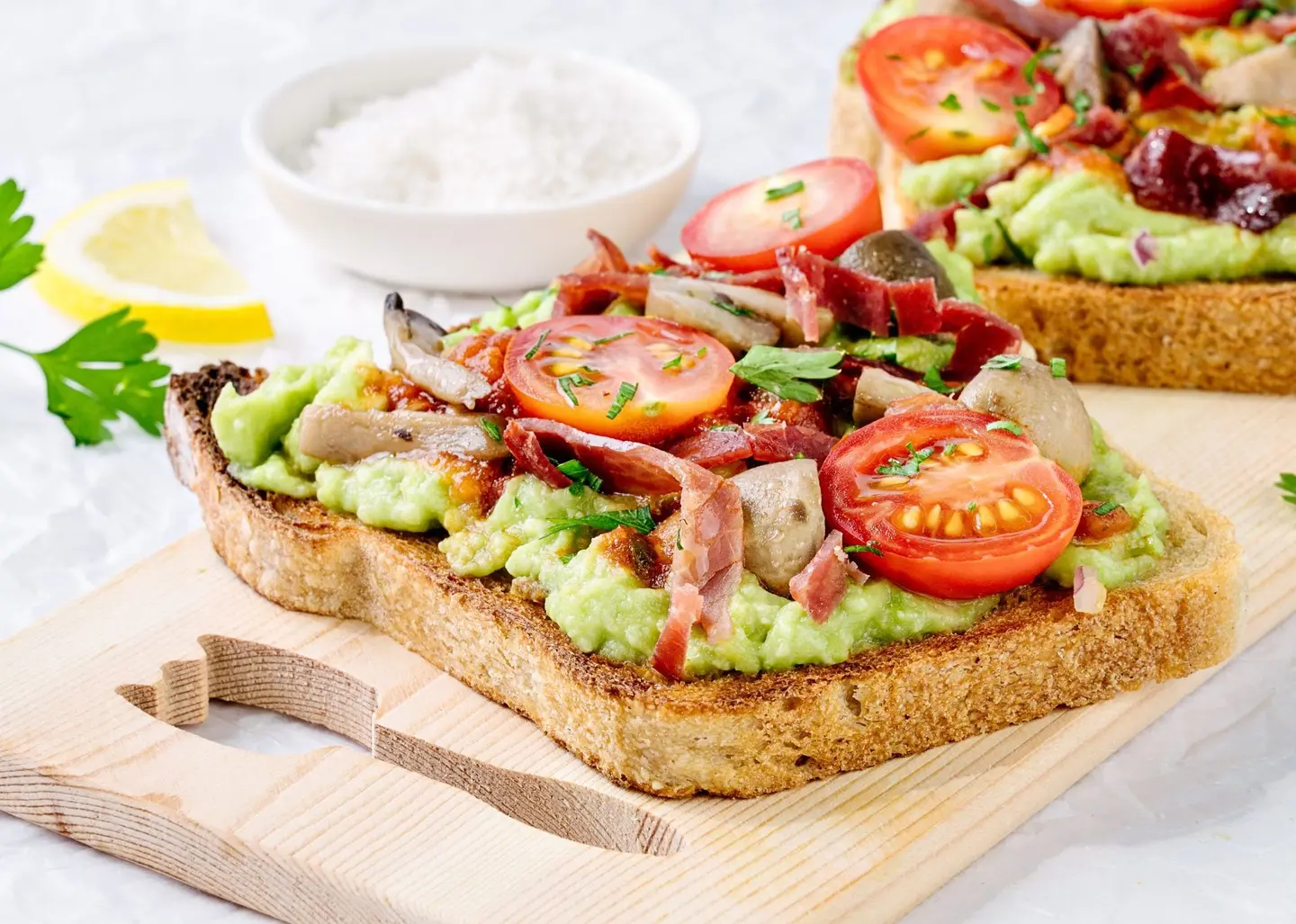 Mushroom, Beef Bacon & Tomato Avocado Toast