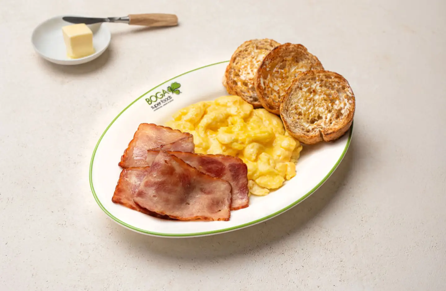 Scrambled Eggs Turkey Bacon And Buttered Toast
