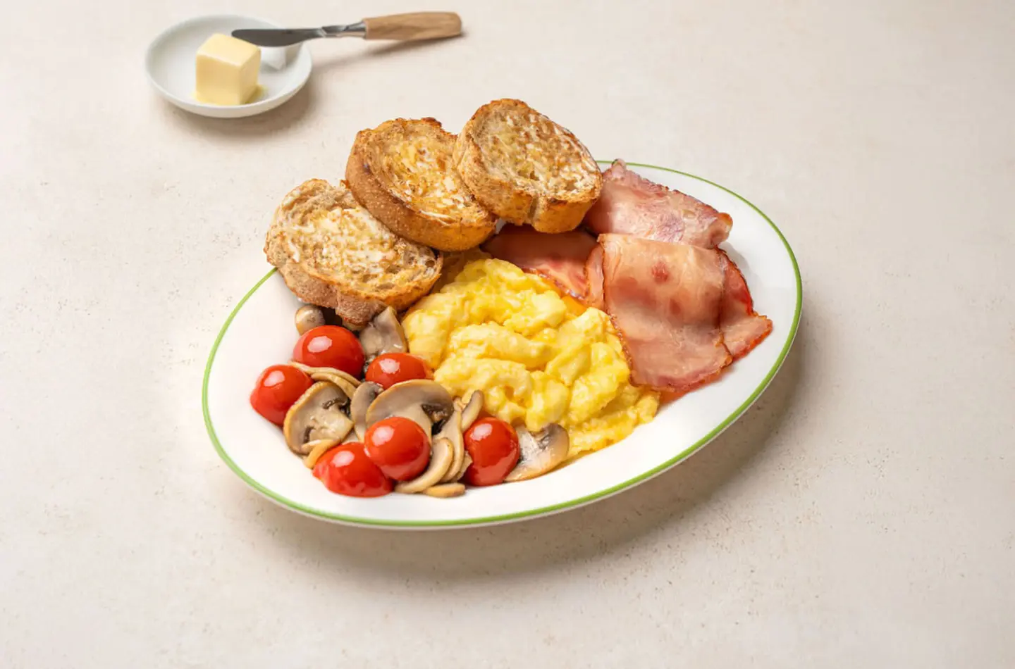 Scrambled Eggs Turkey Bacon Tomatoes Mushroom And Toast