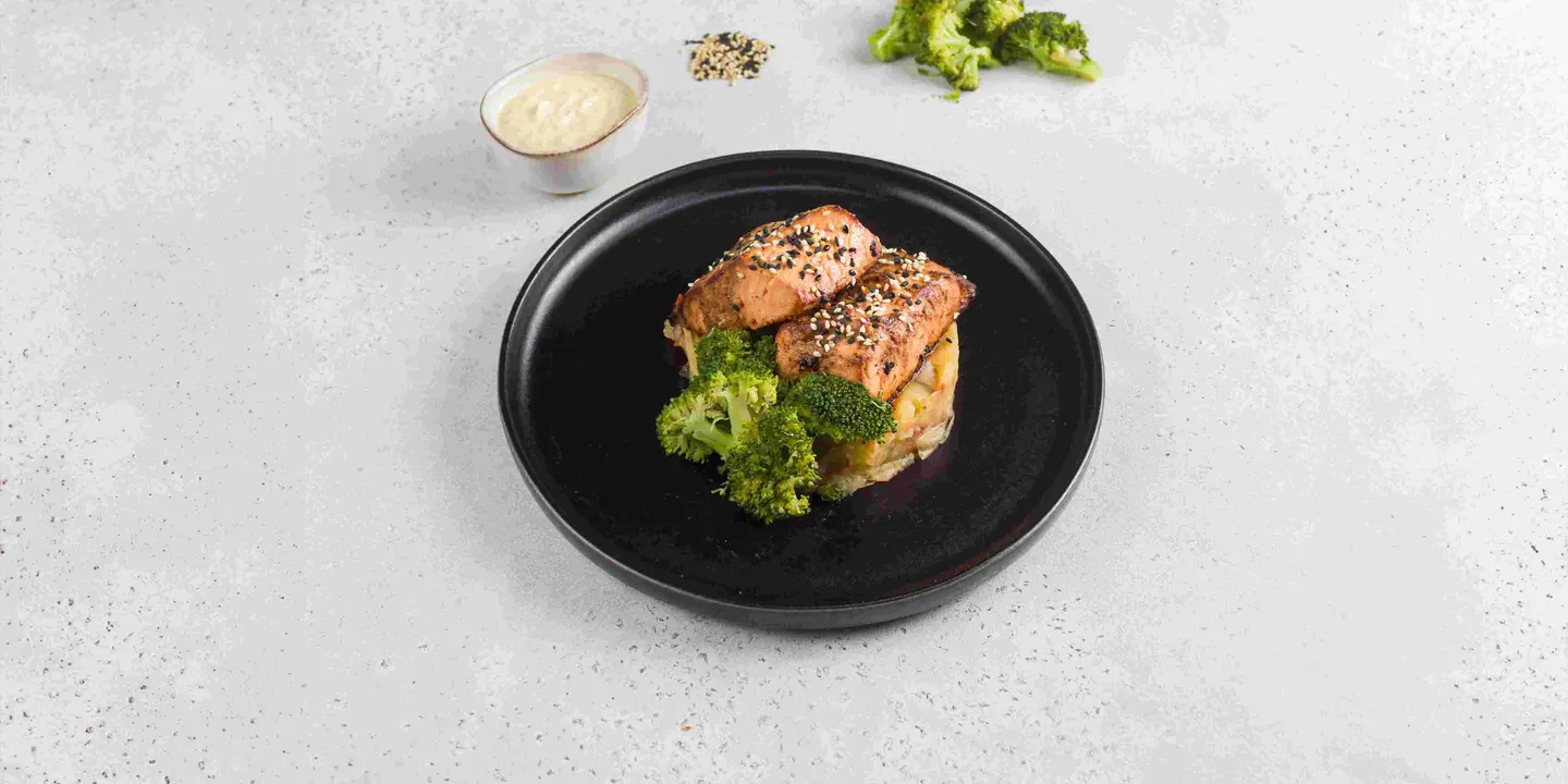 Miso Salmon Crushed Potato Pesto Cream