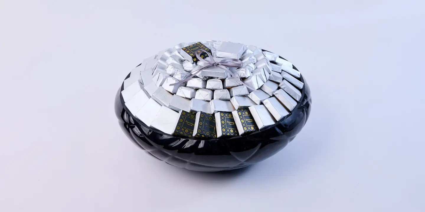 Chocolate Vase, Black Wrapper With Silver Stripes