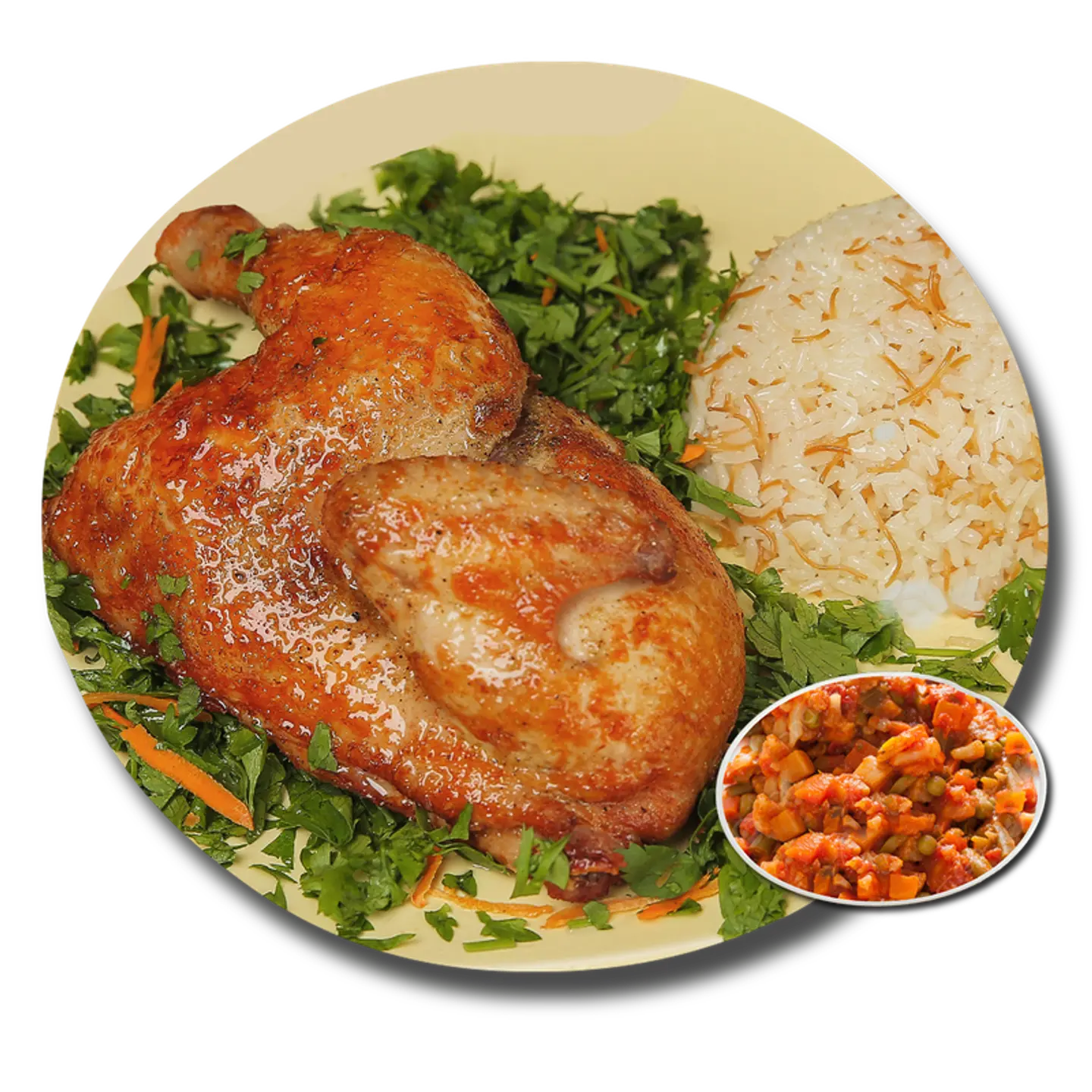 Half Roasted Chicken With Rice And Vegetables