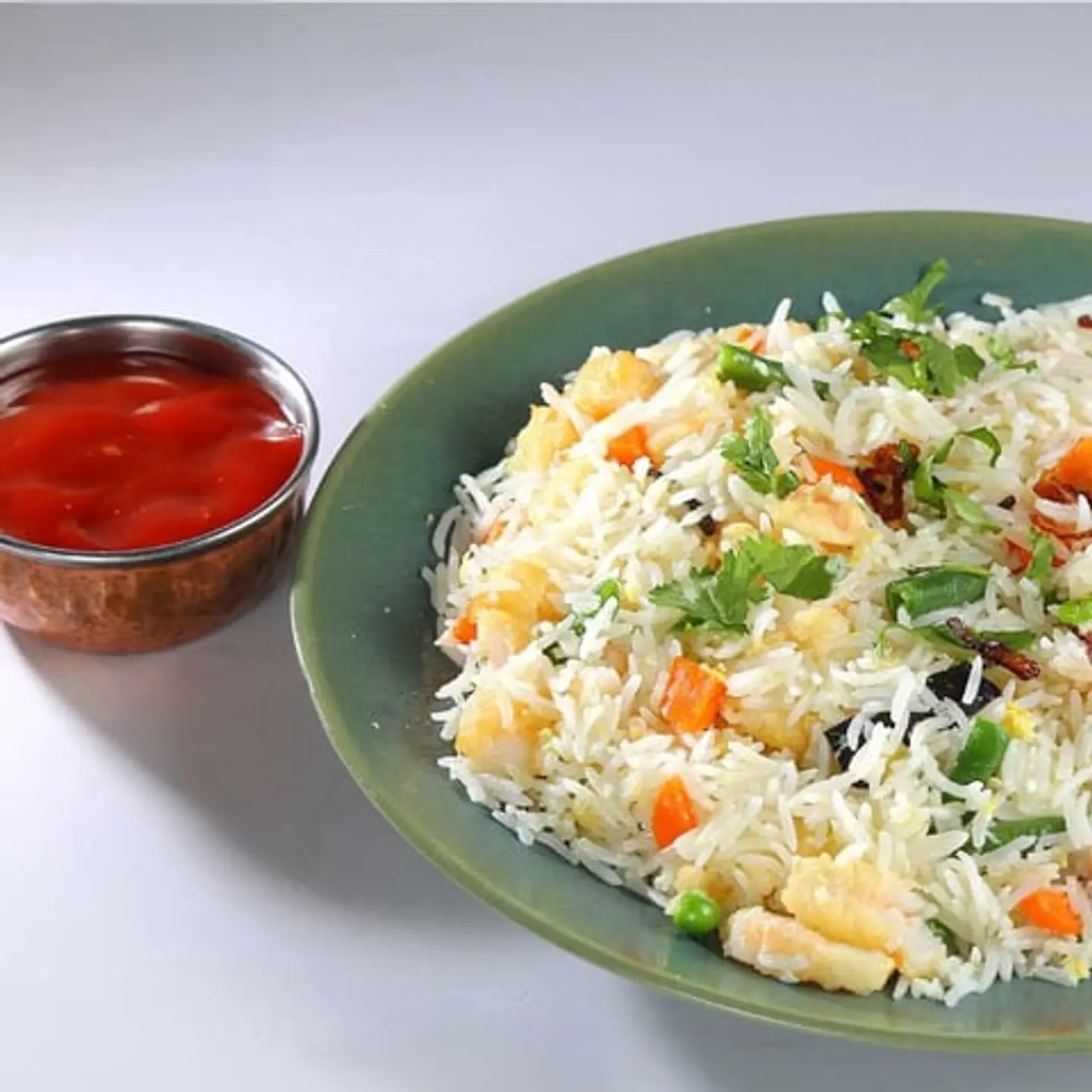 White Rice, Eggs, Vegetables And Shrimp