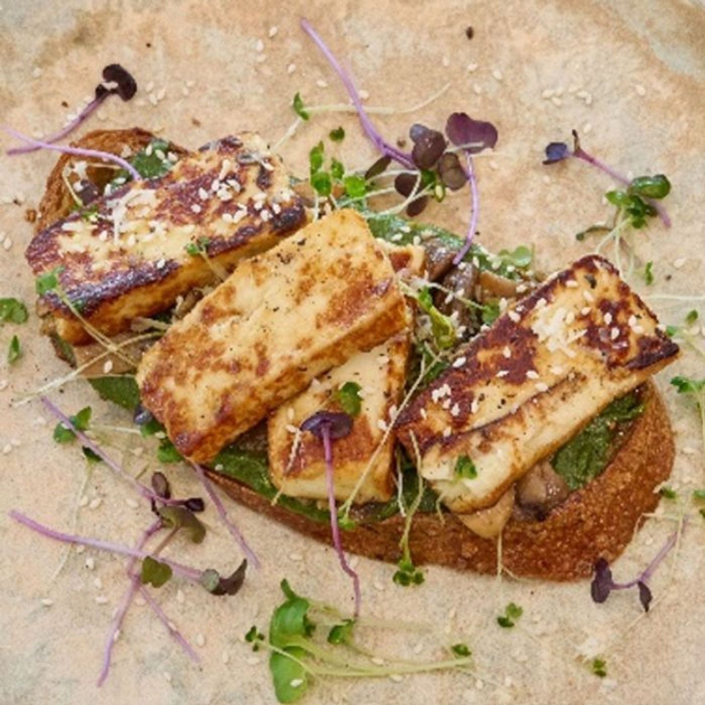 Halloumi Mushroom Pesto Toast