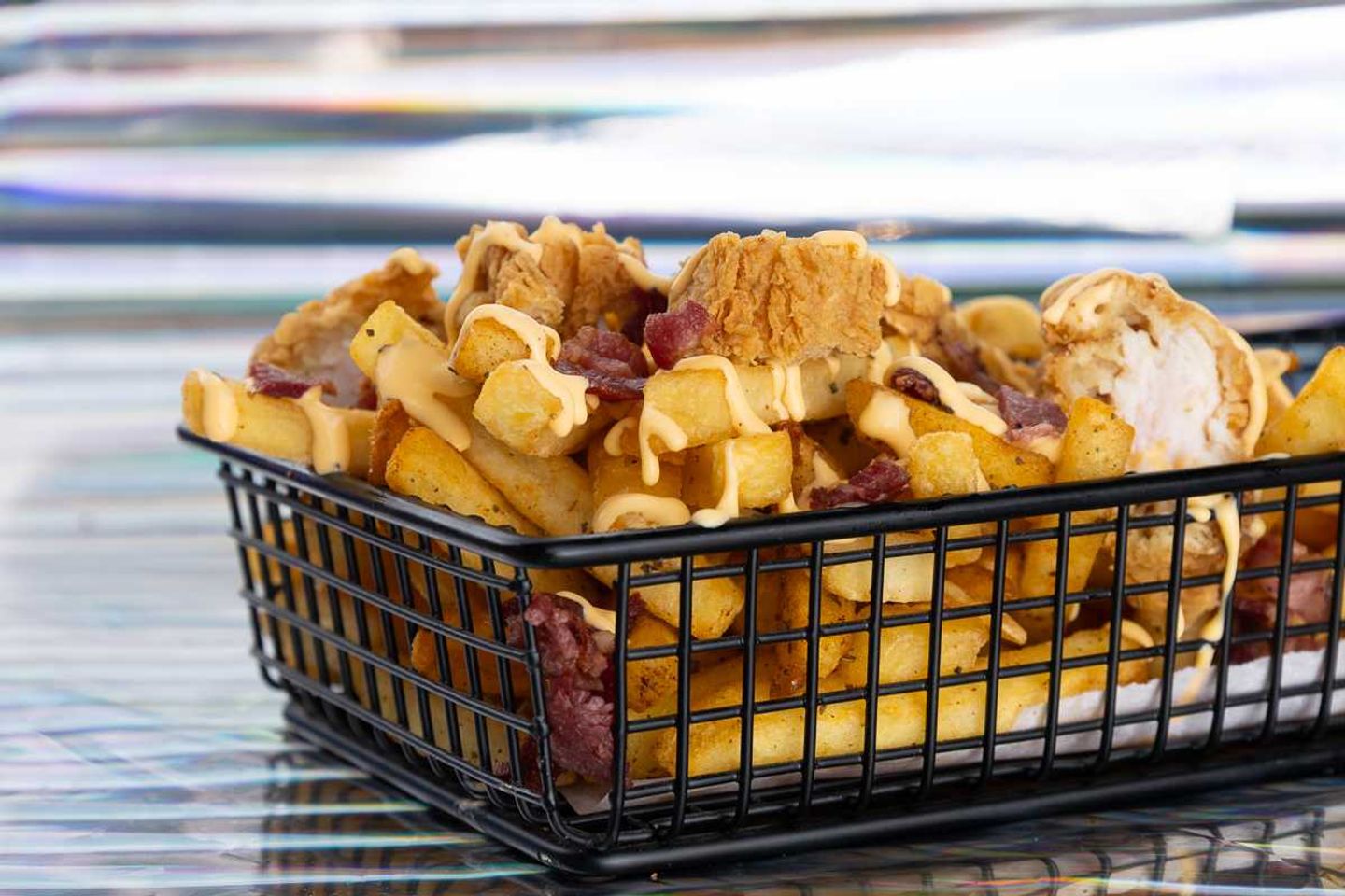 Beef Bacon And Chicken Bits With Cheese Fries
