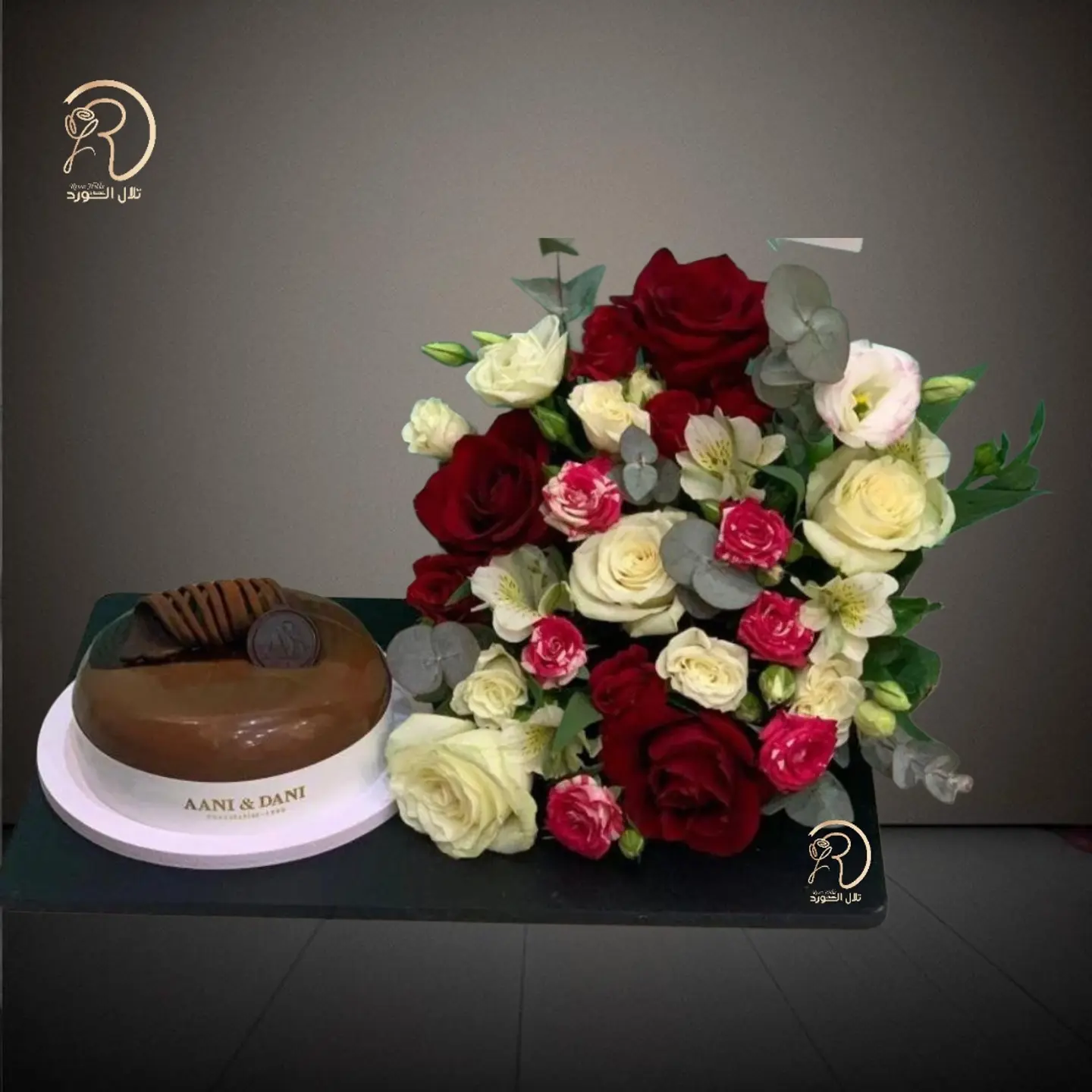 Stand Arrangement Of A Masterpiece Of Chocolate Cake And Elegant Natural Flowers