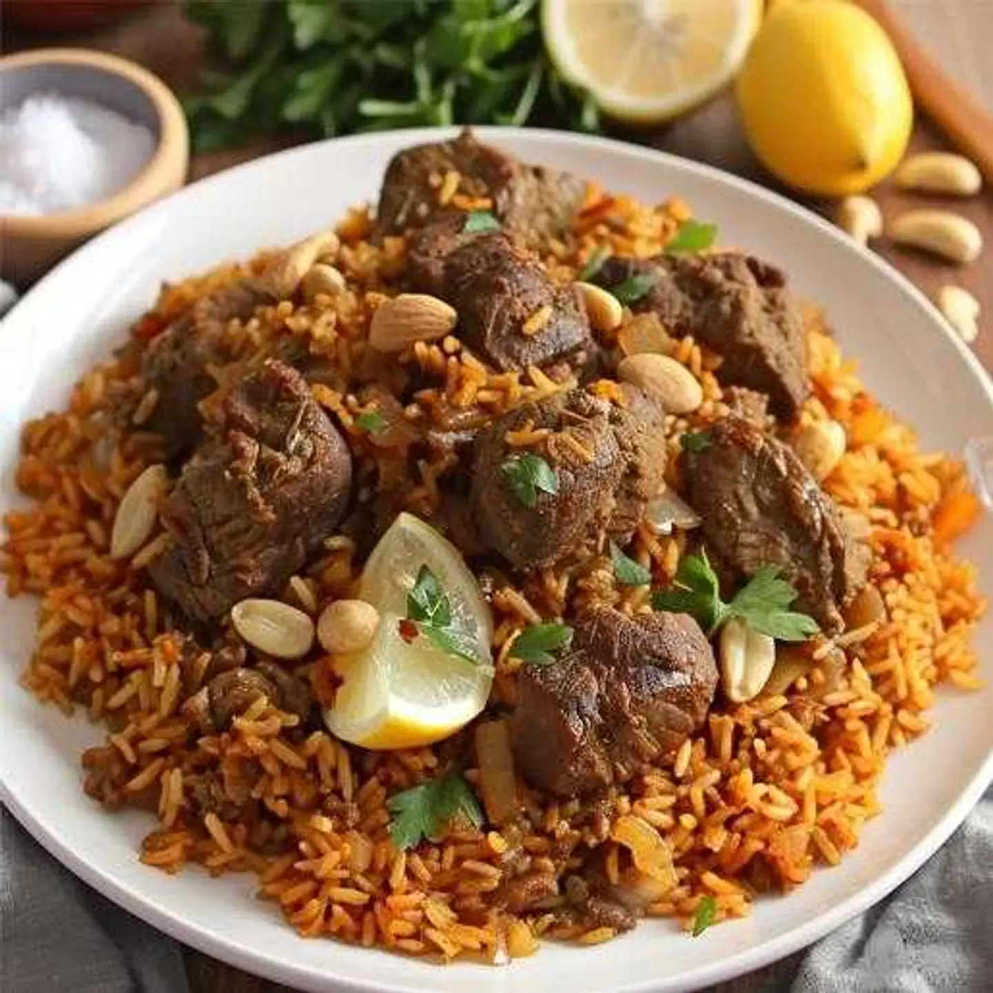 1 Meat Kabsa Portion With Cucumber Salad And Hot Sauce