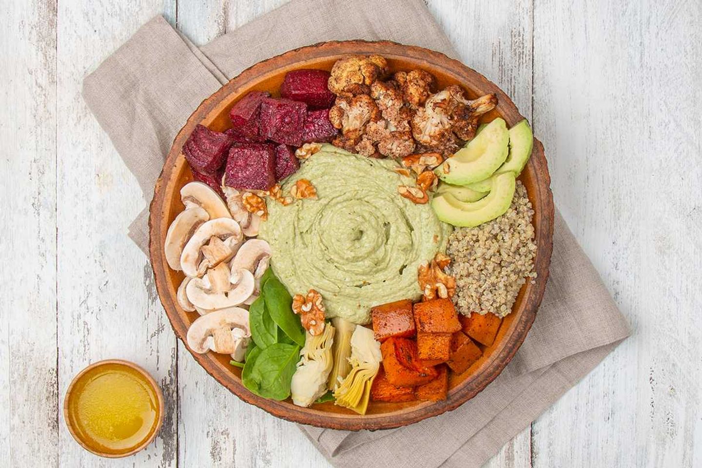 Roasted Veggies And Hummus Pesto Bowl