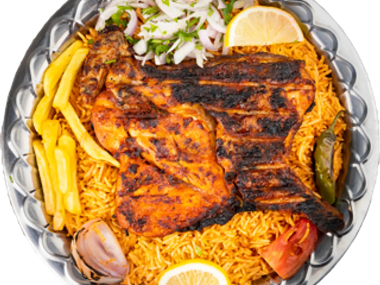نص دجاج على الفحم مع الرز