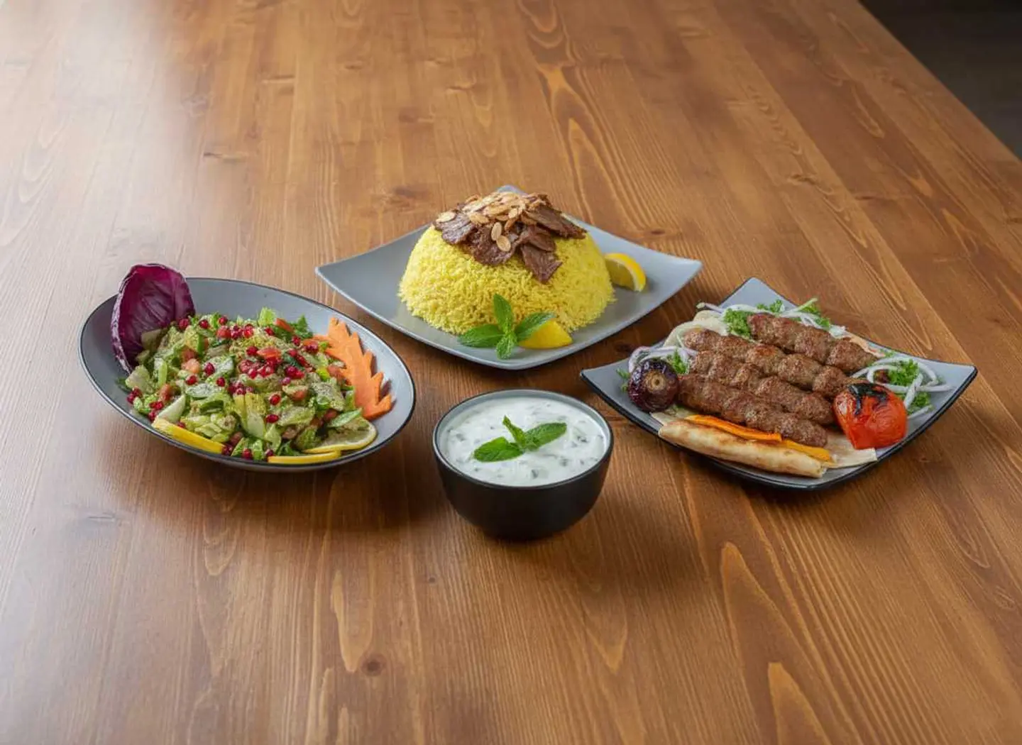 Meat Kabsa,Green Salad,Cucumber With Yogurt Meal,Meat Kebab