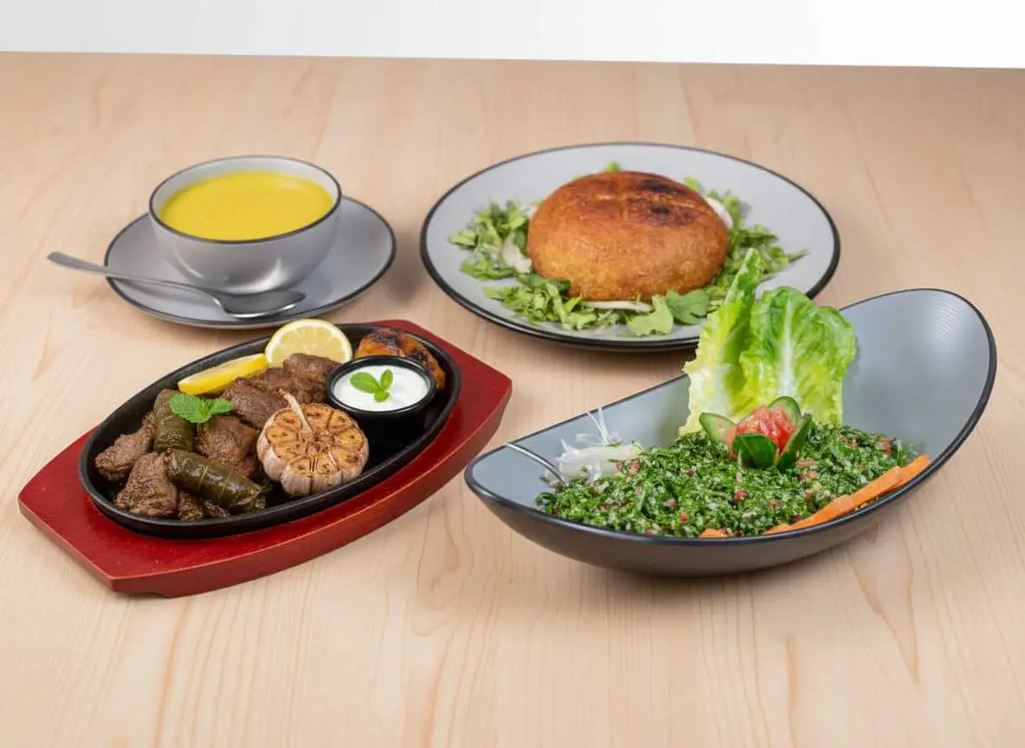 Combo (Yabraq + Grilled Kibbeh + Tabbouleh + Lentil Soup)