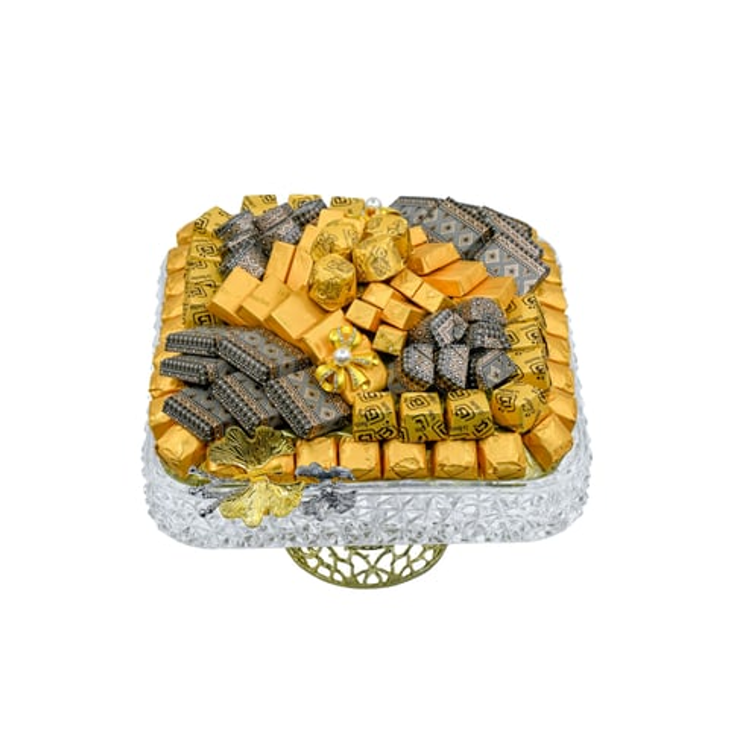 صينية زجاج شفاف مربعة مزينة بالفراشات وبقاعدة ذهبية 03003304