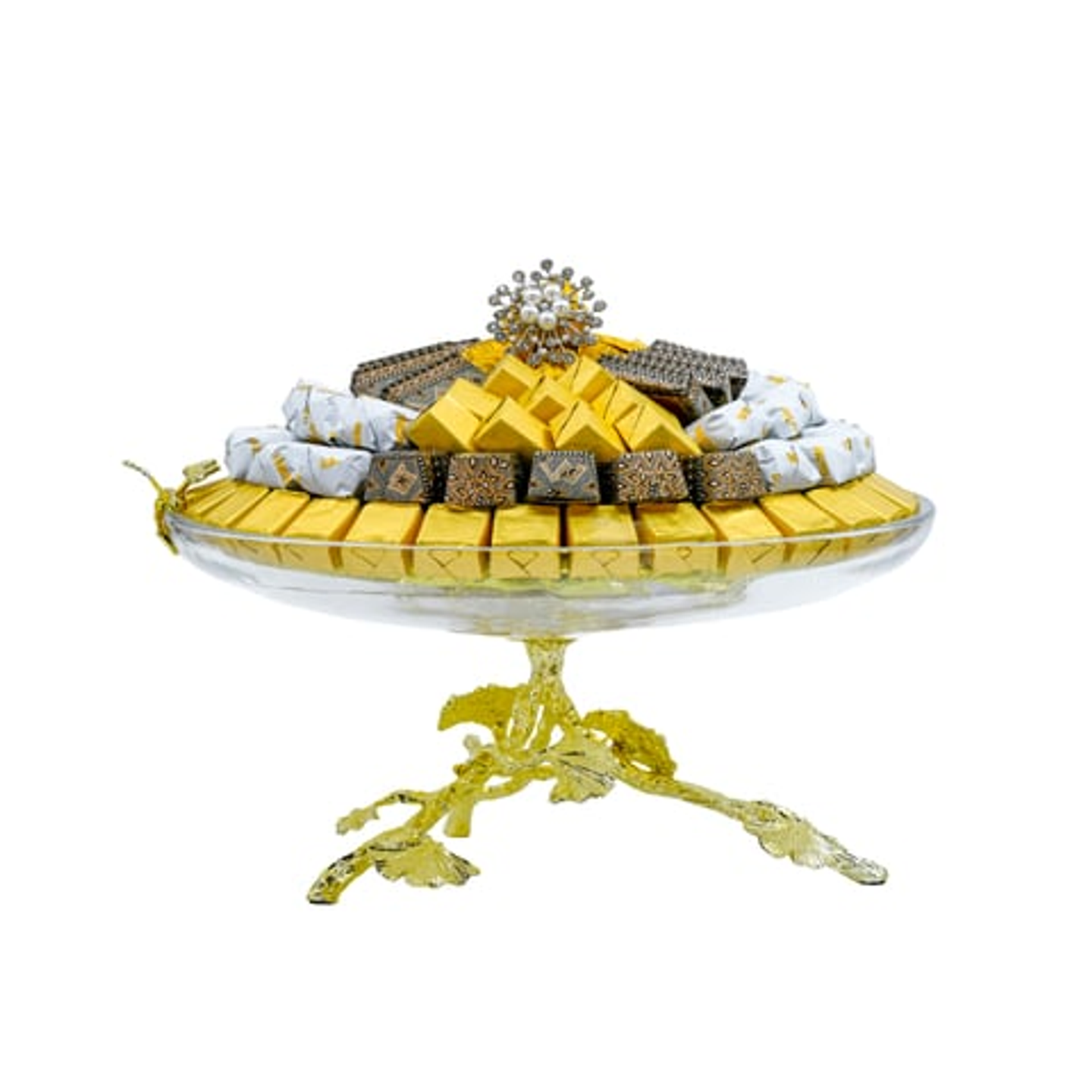 صينية زجاج شفاف دائرية مزينة فراشات بقاعدة ذهبي 03003322