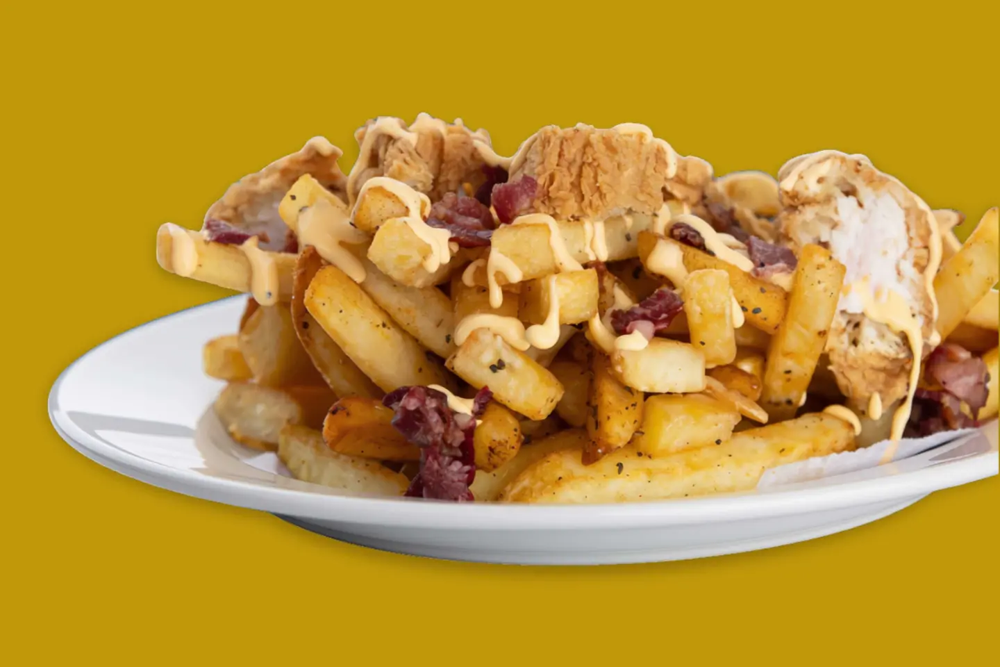 Beef Bacon And Chicken Bits With Cheese Fries