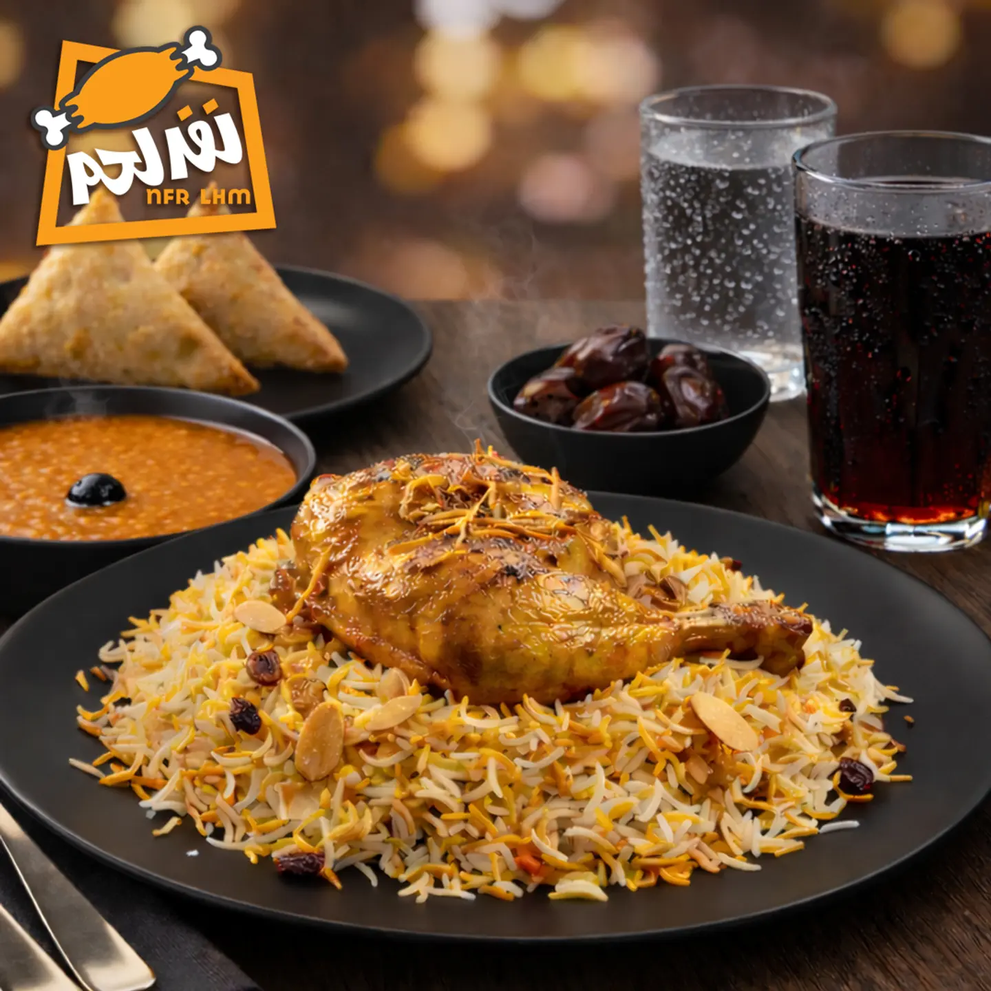 إفطار صائم : ربع دجاج مع الرز +شوربة كويكر +2سمبوسة +تمر +فيمتو +ماء