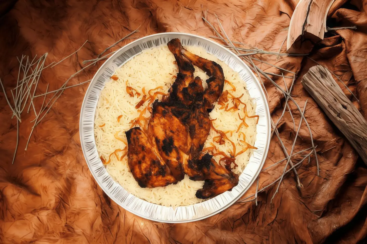 نص حبة دجاج مظبي مع أرز أبيض