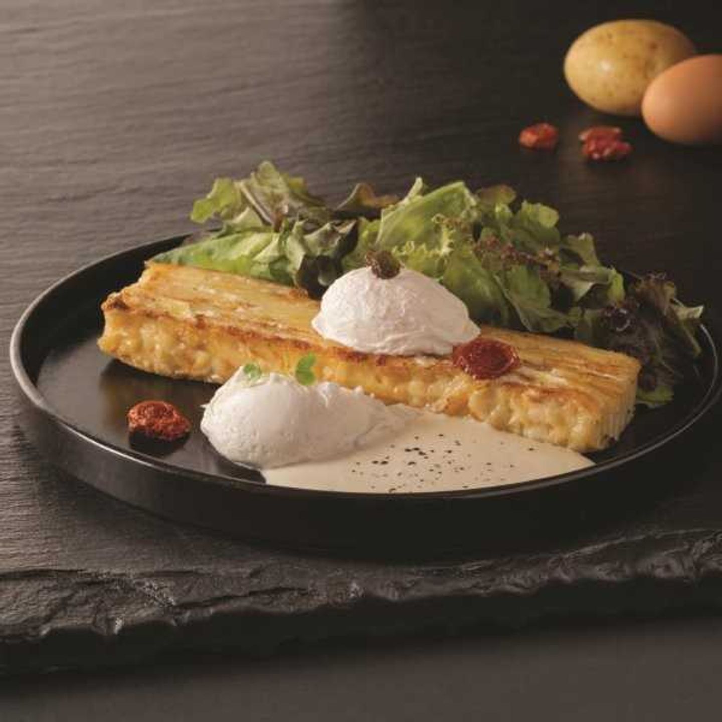 Poached Eggs And Caramelized Dauphinois Potatoes