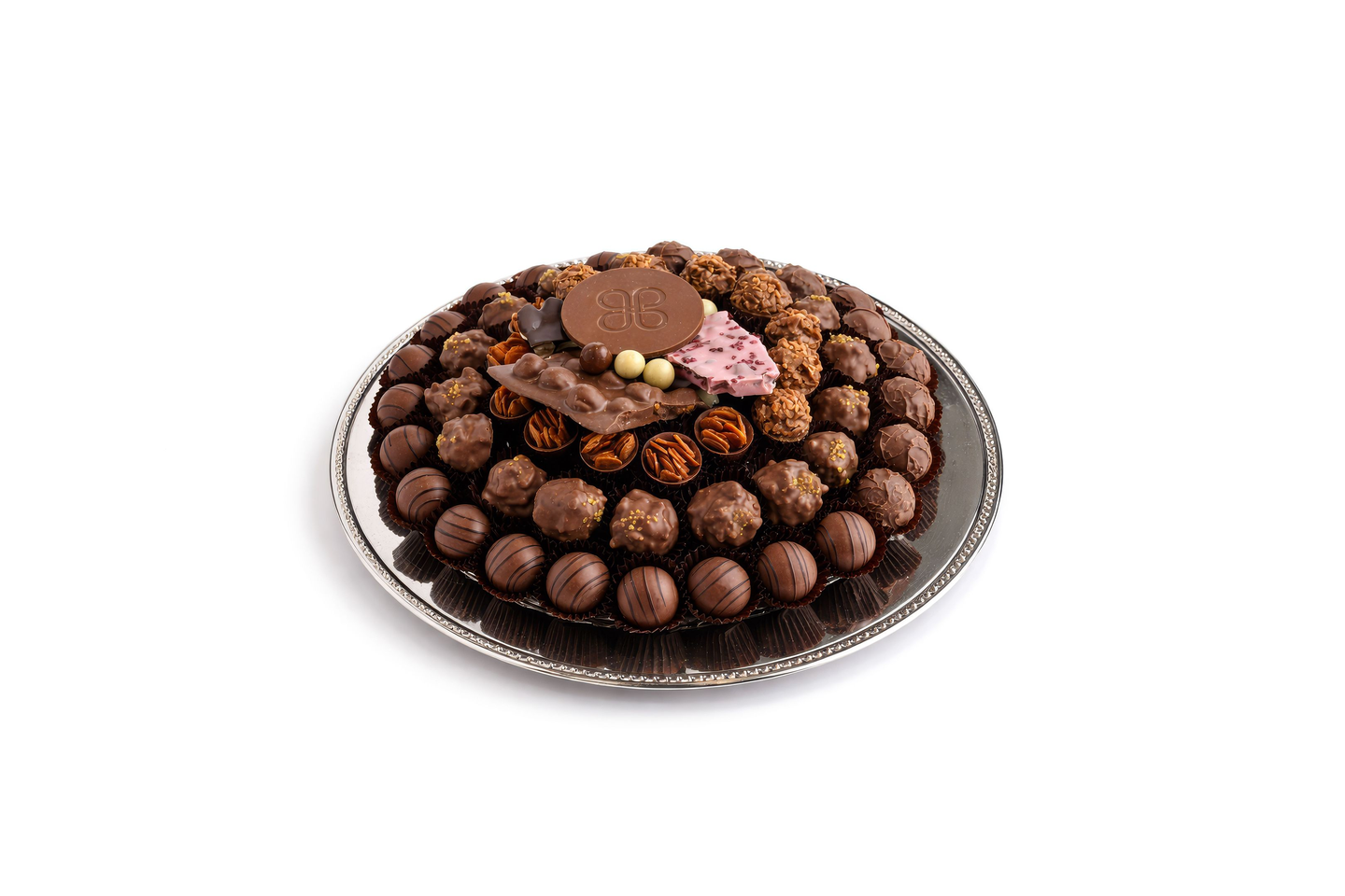 صينية فضية دائرية، تشكيلة شوكولاتة غير مغلفة 730 غ