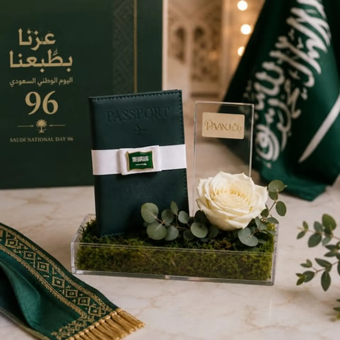 توزيعات اليوم الوطني لمسة وطن – محفظة جواز أخضر مع بروش العلم
