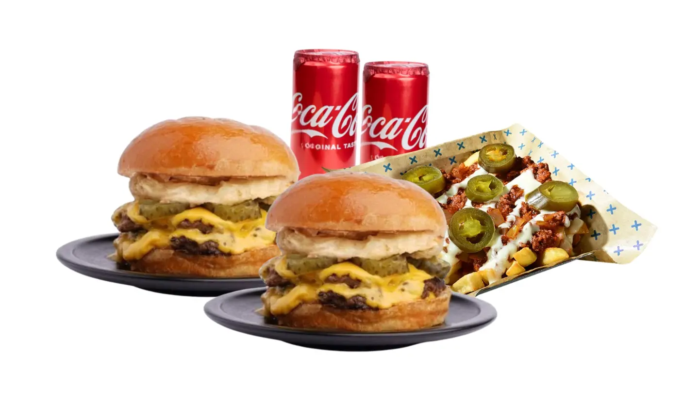 2 Beef Burgers 2 + Texas Fries + Soft Drinks