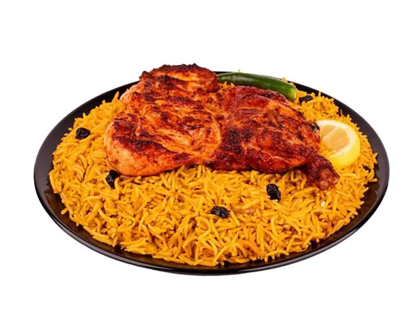 نصف دجاج على الفحم حراق - ارز بشاور
