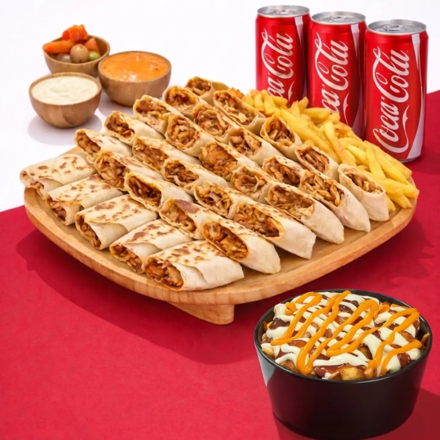 لمتنا دجاج مع لغاويص و ثلاث حبات كولا