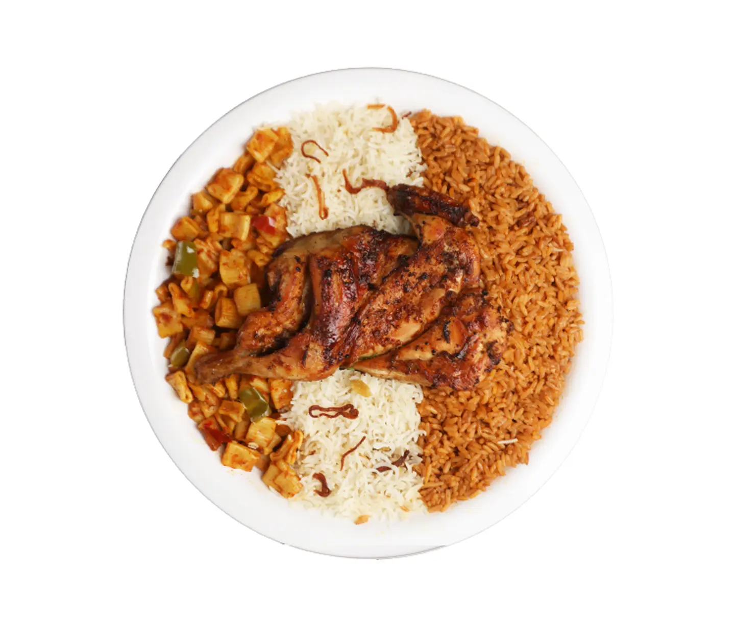 Half Bbq Chicken With White And Red Rice And Pasta