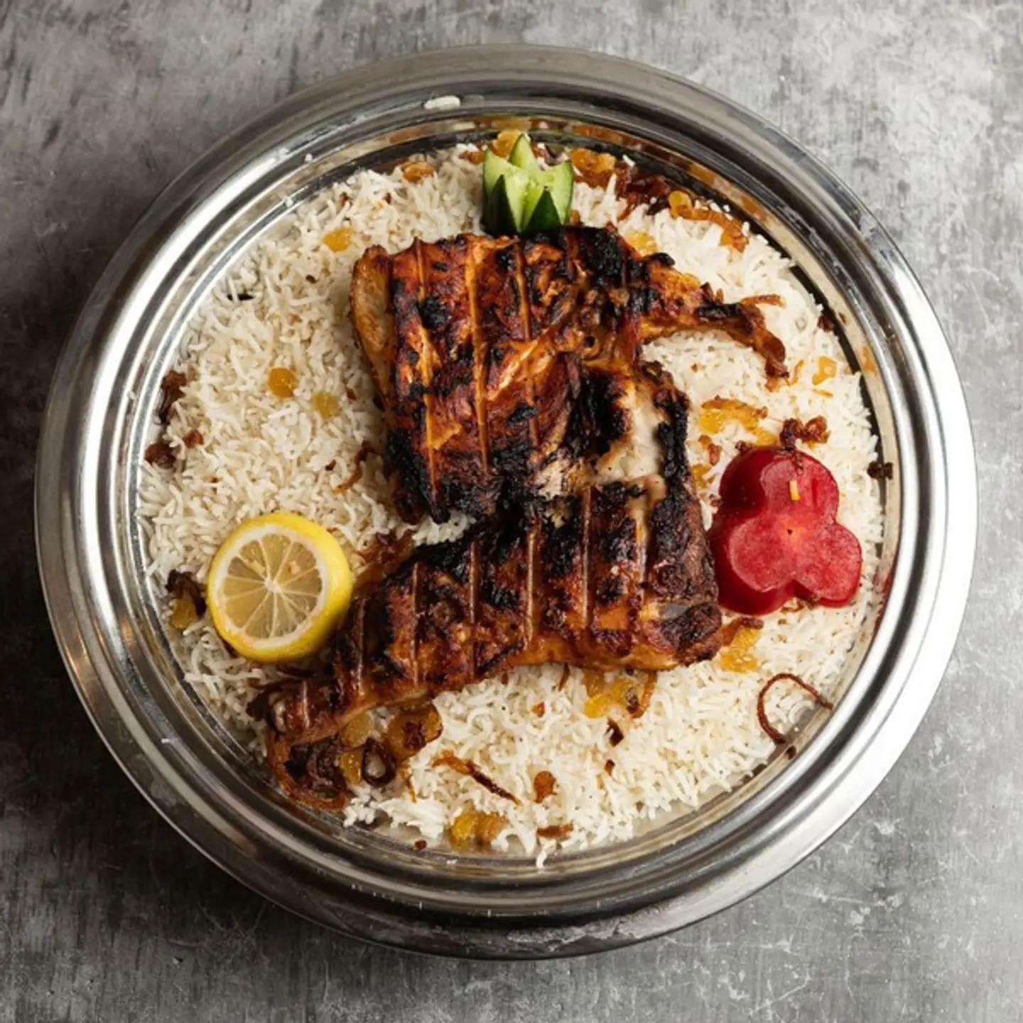 نص دجاج على فحم مع الرز