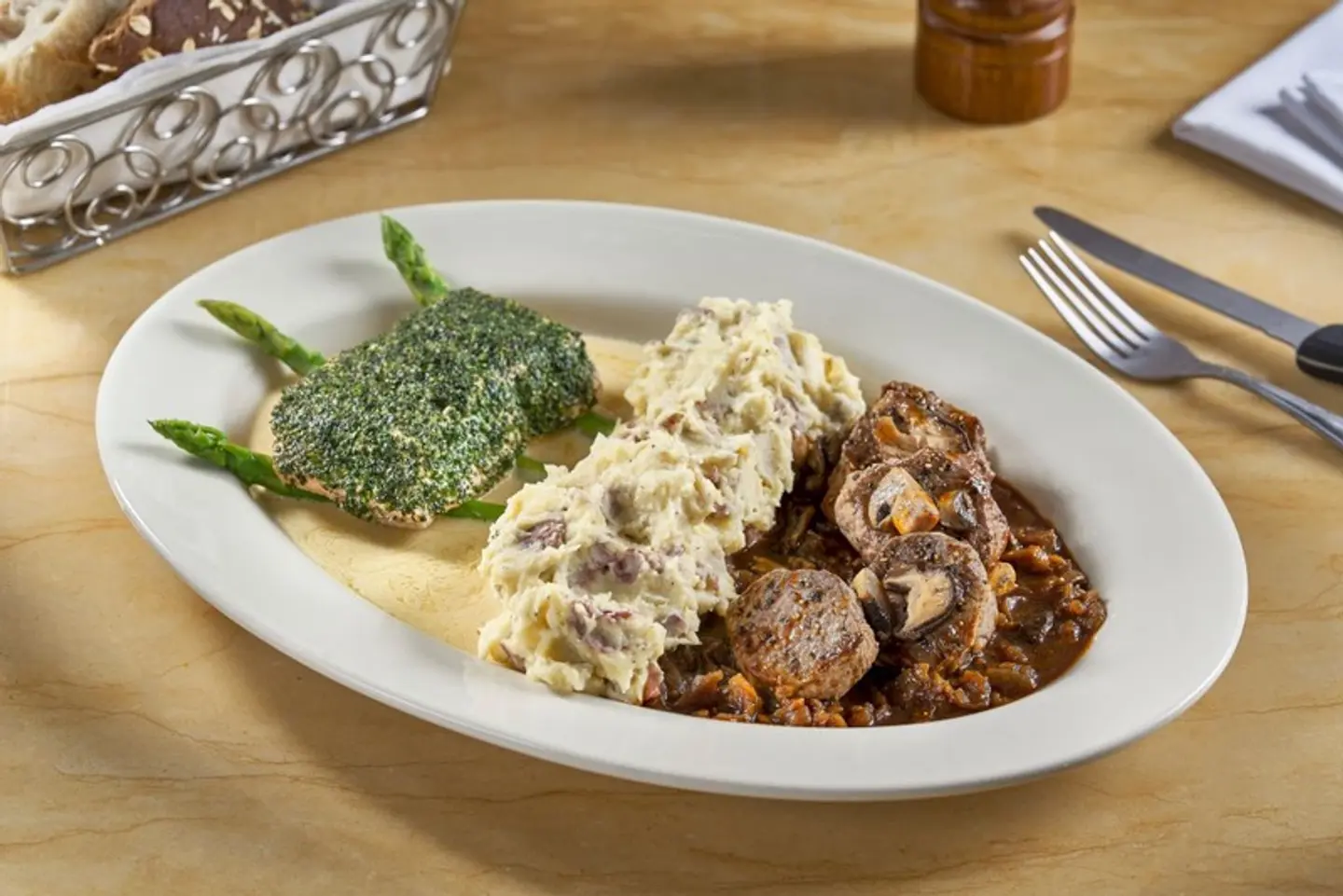 Steak Diane With Herb Crusted Salmon