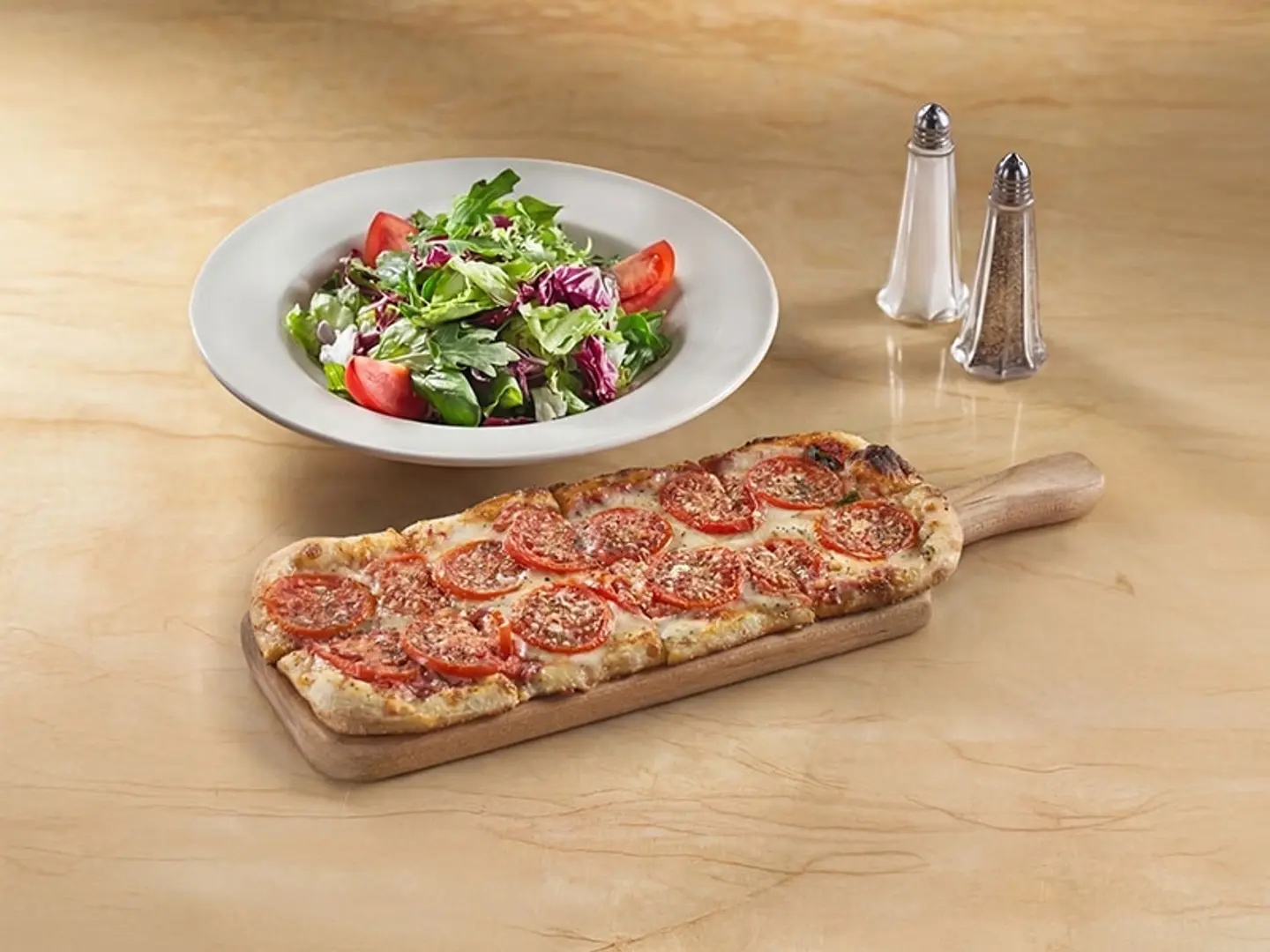 Lunch Fresh Basil, Tomato And Cheese Flatbread And Salad
