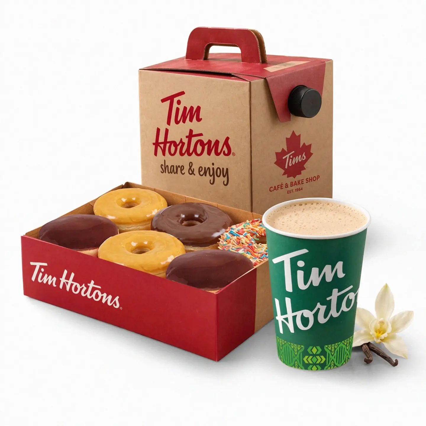 National Day Bundle – 5 French Vanilla Coffees & Half Dozen Donuts