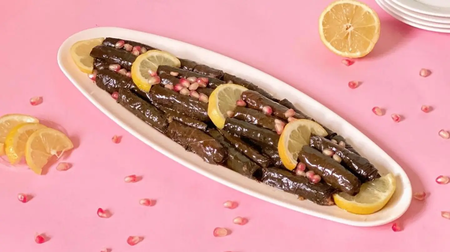 Tray Of Grape Leaves With Pomegranate Molasses